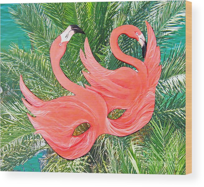 Flamingos Wood Print featuring the mixed media Flamingo mask 1 by Lizi Beard-Ward