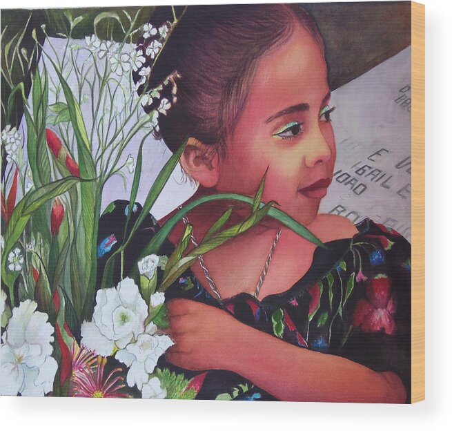 Portrait Of A Young Mexican Girl Holding Flowers During The Day Of The Dead Celebrations Wood Print featuring the painting Flower Girl on Dia de Los Muertos by Susan Santiago