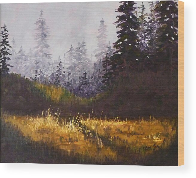 Oregon Wood Print featuring the painting Foggy Morning by Nancy Merkle