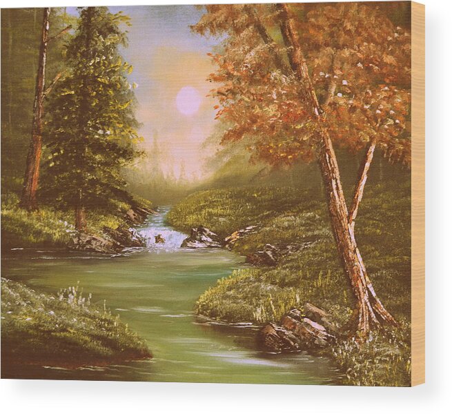 A Day Time Scene Of A Forest With Evergreen Trees Wood Print featuring the painting Forest Stream by Martin Schmidt