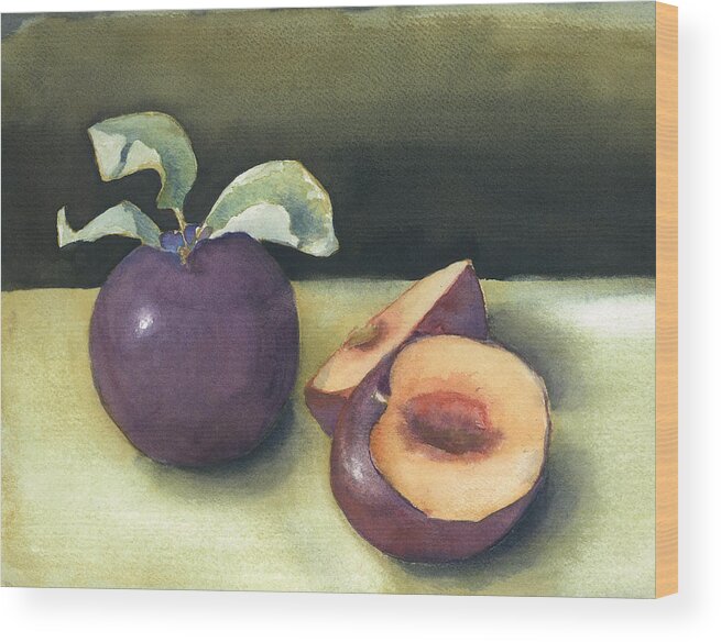 Purple Plums Wood Print featuring the painting Fresh Plums by Maria Hunt
