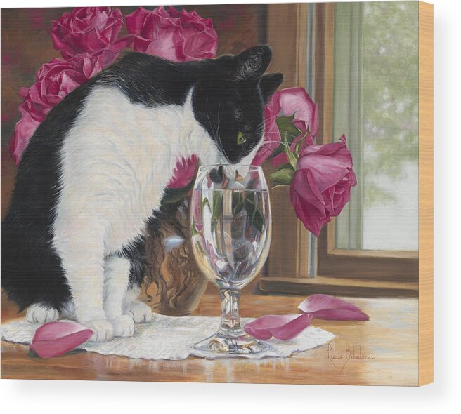 Cat Wood Print featuring the painting Fresh Water by Lucie Bilodeau