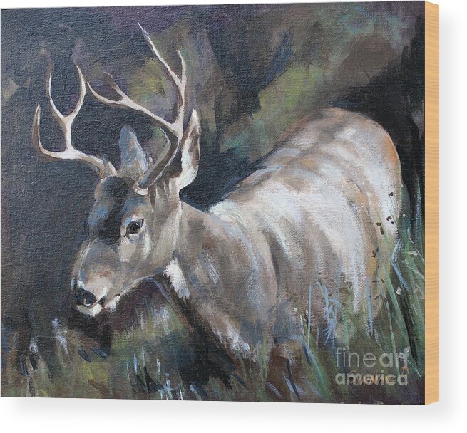 Deer Wood Print featuring the painting Friend in the yard by Synnove Pettersen