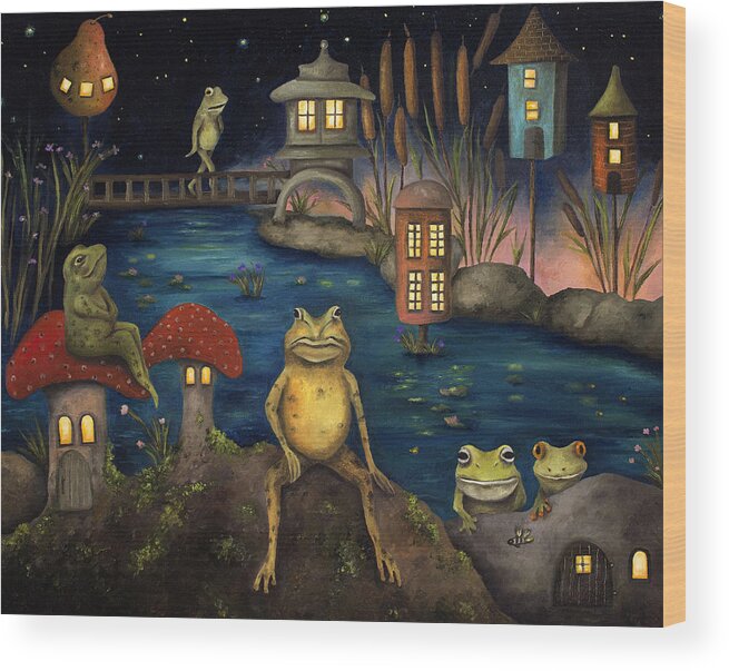 Frog Wood Print featuring the painting Frogland by Leah Saulnier The Painting Maniac