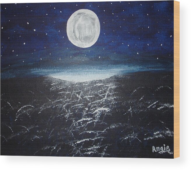 Full Moon Wood Print featuring the painting Full Moon over the Water by Angie Butler