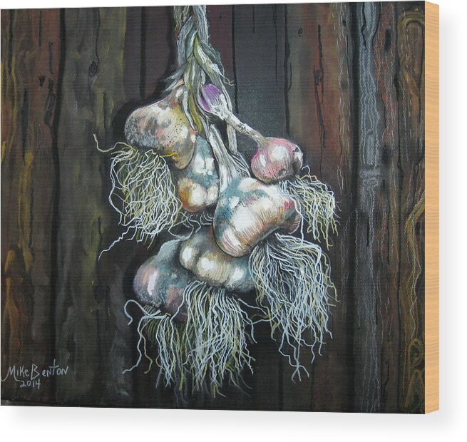 Garlic Wood Print featuring the pastel Garlic Hanging to Dry by Mike Benton