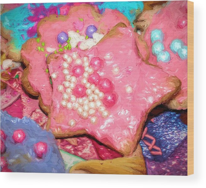 Sugar Cookies Wood Print featuring the painting Girly Pink Frosted Sugar Cookies by Tracie Schiebel
