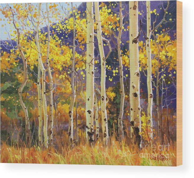 Aspen Trees Birch Trees Gary Kim Oil Print Art Print Woods Fall Trees Autumn Season Panorama Sunset Beautiful Beauty Yellow Red Orange Fall Leaves Foliage Autumn Leaf Color Mountain Oil Painting Original Art Horizontal Landscape National Park America Morning Nature Wallpaper Outdoor Panoramic Peaceful Scenic Sky Sun Time Travel Vacation View Season Bright Autumn National Park South America Clouds Cloudy Landscape Mist Misty Natural Peak Peaks New Painting Oil Original Vibrant Texture Reflections Wood Print featuring the painting Golden Aspen w. Mystical Purple by Gary Kim