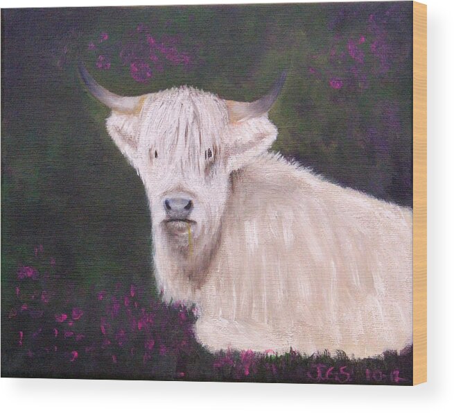 Highlands Wood Print featuring the painting Highland Cow in the Heather by Janet Greer Sammons