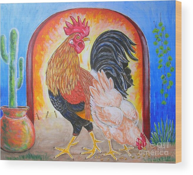 Roosters Wood Print featuring the painting Hola Senorita by George I Perez