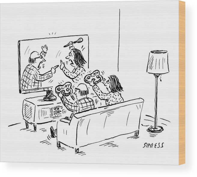 Captionless. Video Game Wood Print featuring the drawing Husband And Wife On Couch Play Video Game by David Sipress