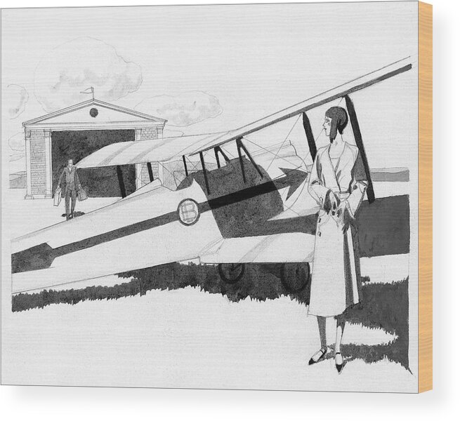 Aviation Wood Print featuring the digital art Illustration Of A Woman Standing Next To A Biplane by Pierre Mourgue