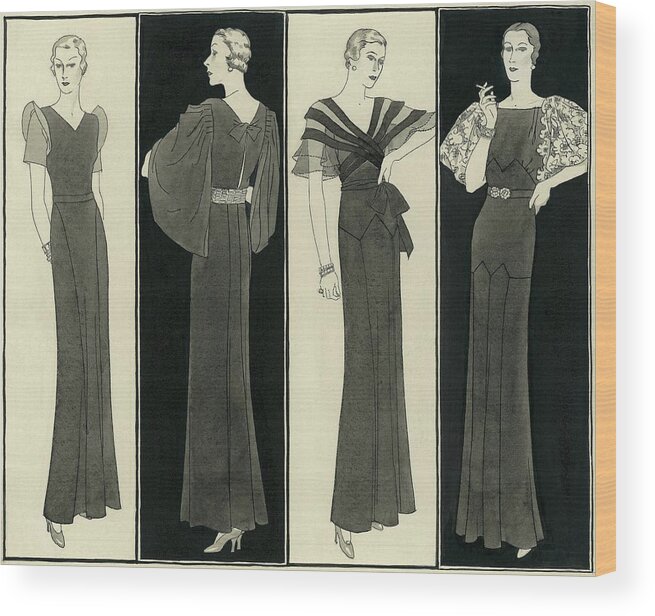 Illustration Wood Print featuring the digital art Illustration Of Four Women In Evening Dresses by Polly Tigue Francis