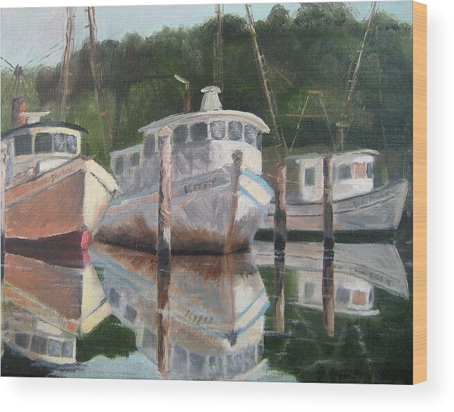 Shrimp Boats Wood Print featuring the painting In the mirror at Mill Pond by Susan Richardson