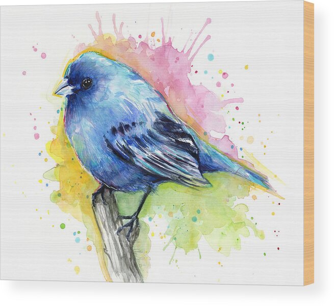Blue Wood Print featuring the painting Indigo Bunting Blue Bird Watercolor by Olga Shvartsur