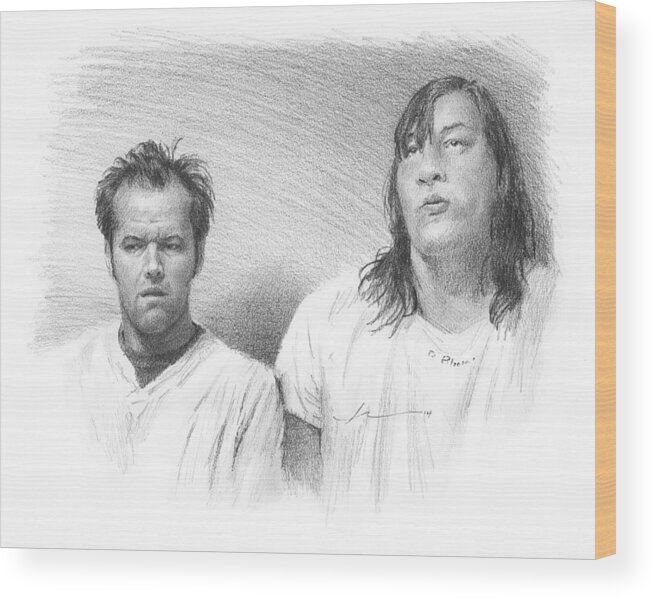 <a Href=http://miketheuer.com Target =_blank>www.miketheuer.com</a> Wood Print featuring the drawing Jack Nicholson Cuckoos Nest Pencil Portrait by Mike Theuer