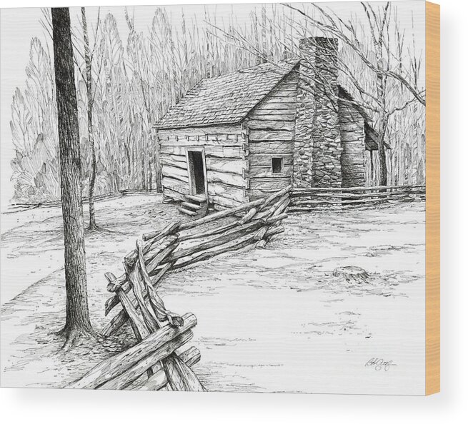 Landscape Wood Print featuring the drawing John Ownby Cabin by Bob George