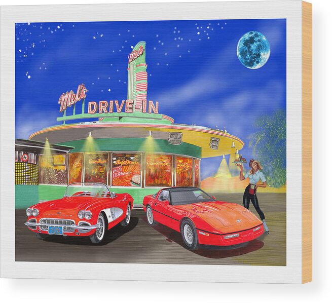 A Pair Of Red Corvettes Painted By Jack Pumphrey Parked At The Next Generation Mel's Drive-in Wood Print featuring the painting Julies Corvettes by Jack Pumphrey