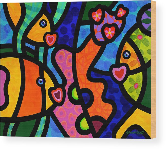 Abstract Wood Print featuring the painting Kissing Fish Reef by Steven Scott