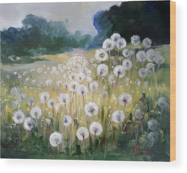 Dandelion Wood Print featuring the painting Lanscape with blow-balls by Irek Szelag