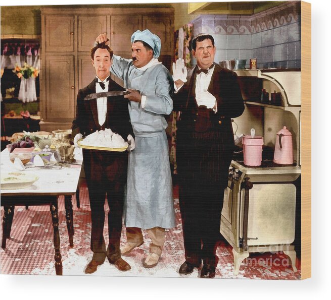 Laurel And Hardy Wood Print featuring the painting Laurel and Hardy in kitchen by Vincent Monozlay