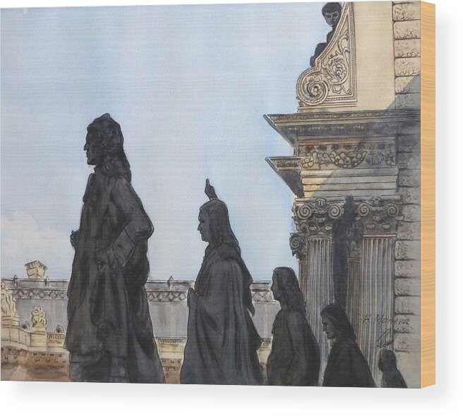 Architecture Wood Print featuring the painting Le Louvre II by Henrieta Maneva