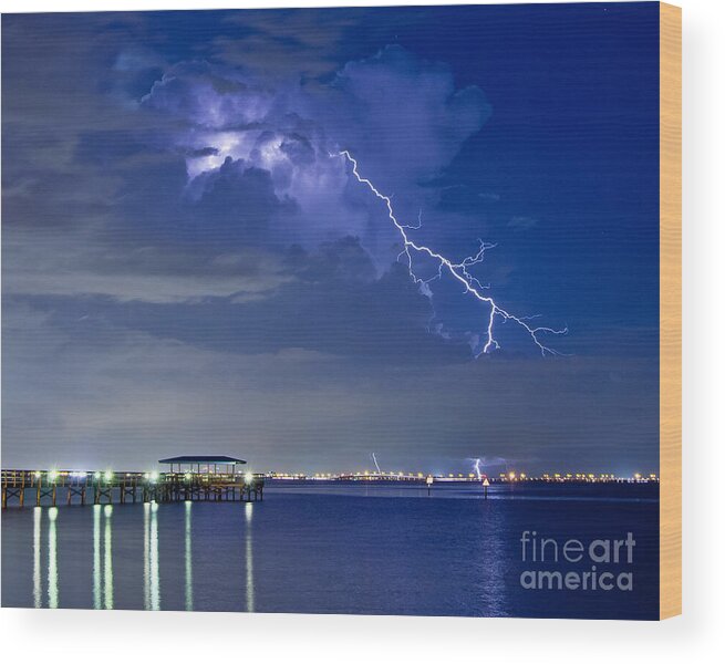 Lightning Wood Print featuring the photograph Lightning over Safety Harbor Pier by Stephen Whalen