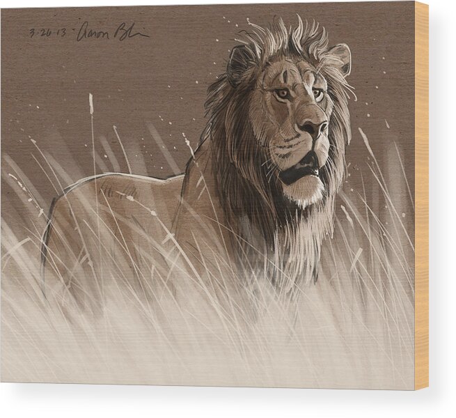 Lion Wood Print featuring the digital art Lion in the Grass by Aaron Blaise