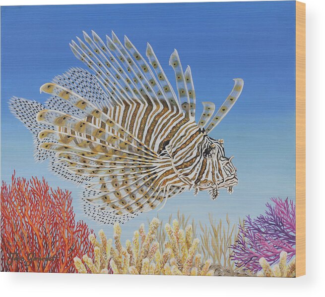 Lionfish Wood Print featuring the painting Lionfish and Coral by Jane Girardot