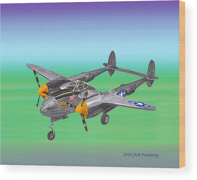 Aviation Art Of The Lockheed P-38 Lightning Which A World War Ii American Fighter Aircraft Was Built By Lockheed Wood Print featuring the painting Lockheed P 38 Lightning by Jack Pumphrey