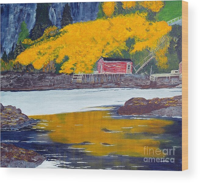  Barbara Griffin Wood Print featuring the painting Low Tide and Autumn Splendor by Barbara A Griffin