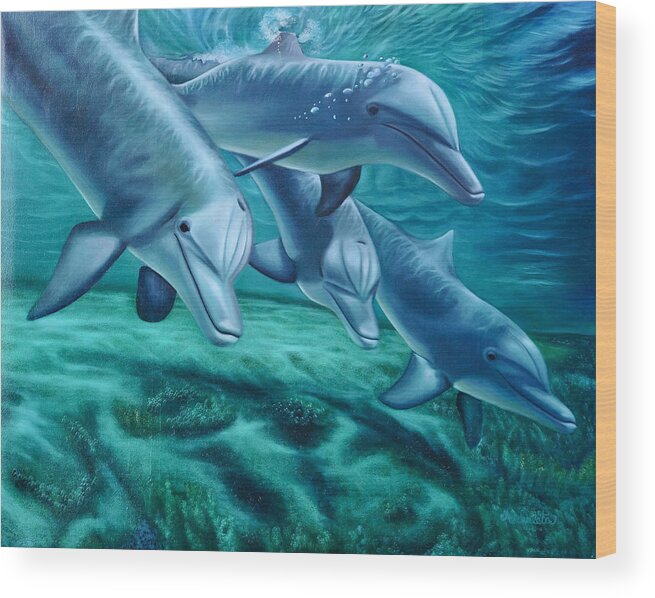 Dolphins Wood Print featuring the painting Loyal Dolphins by Ruben Archuleta - Art Gallery