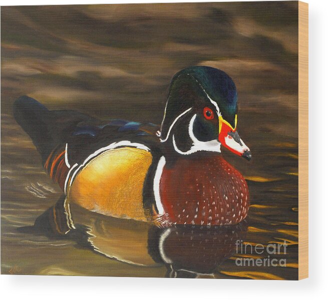 Duck Wood Print featuring the painting Male Wood Duck Portrait by Jane Axman