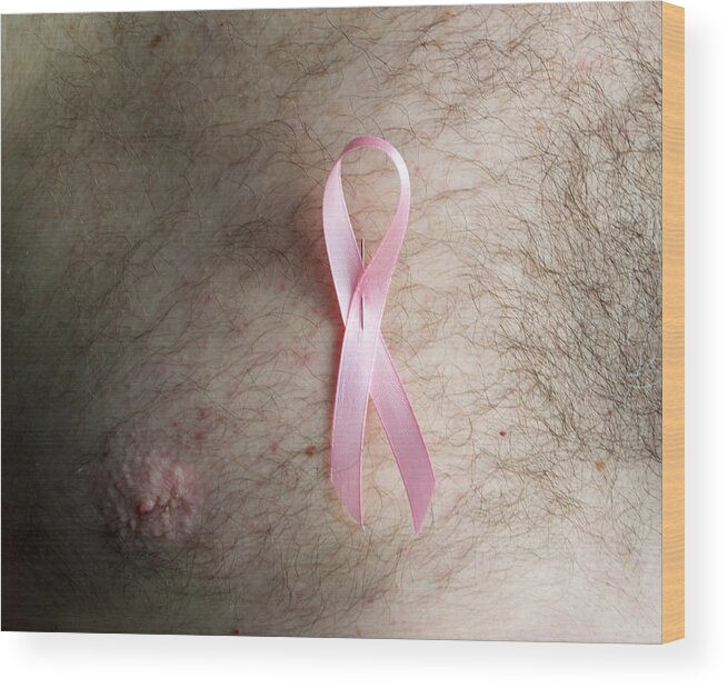 Hairy Wood Print featuring the photograph Man wearing a Pink Breast Cancer Awareness Ribbon on his bare chest by Luis Diaz Devesa