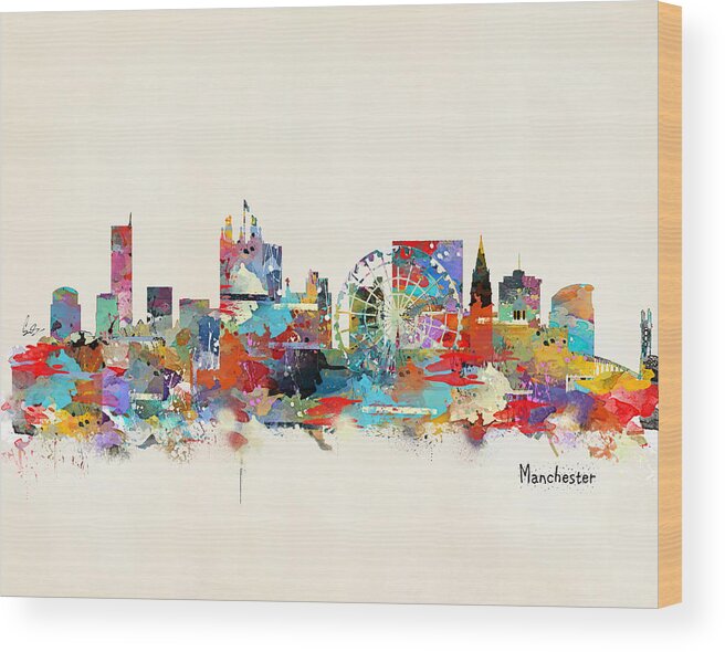 Manchester City Skyline Wood Print featuring the painting Manchester England Skyline by Bri Buckley