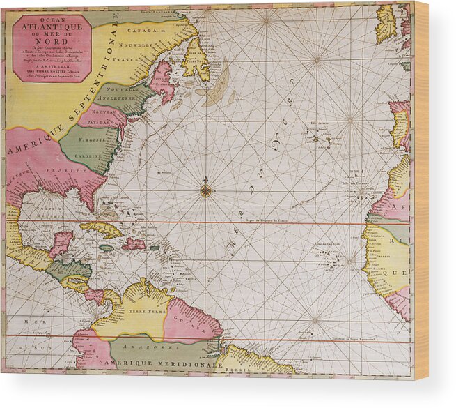 Mapping; Chart; Atlantic Ocean; West Coast; Florida; Carolina; Virginia Wood Print featuring the drawing Map of the Atlantic ocean showing the east coast of North America the Caribbean and Central America by French School