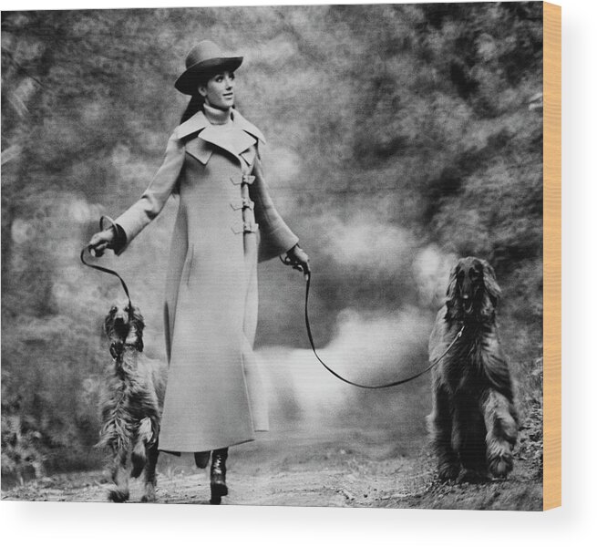 Accessories Wood Print featuring the photograph Marisa Berenson Walking Two Dogs by Arnaud de Rosnay