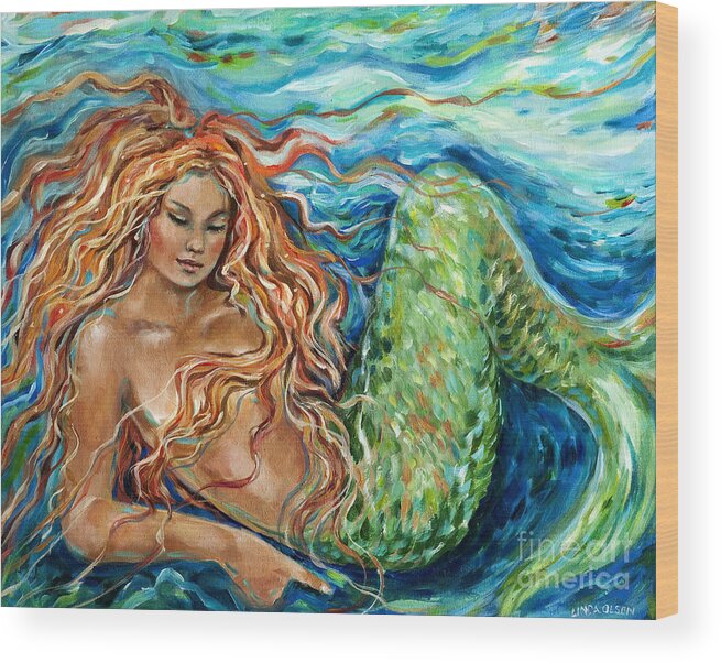 Mermaid Wood Print featuring the painting Mermaid sleep new by Linda Olsen