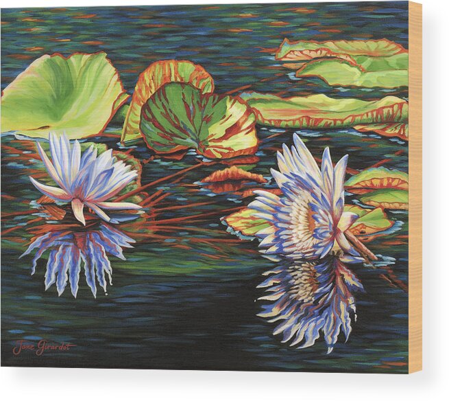 Lily Lilies Water Pond Pad Flower Flowers Floral Lake Wood Print featuring the painting Mirrored Lilies by Jane Girardot