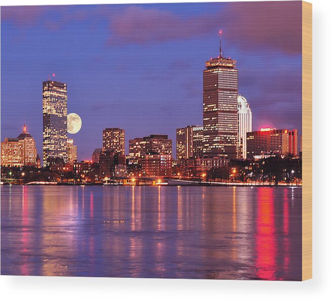 Boston Strong Wood Print featuring the photograph Moonlit Boston on the Charles by Mitchell R Grosky