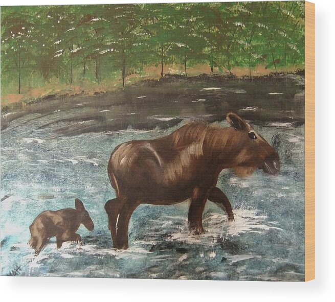 Moose Wood Print featuring the painting Moose Crossing by Matthew Griswold