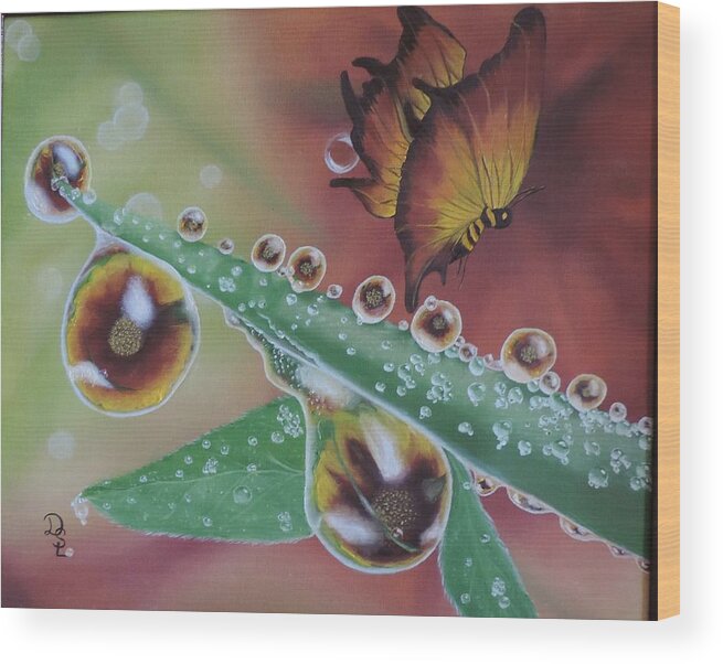 Bubbles Butterfly Wild Life Nature Flowers Plants Golds Insects Sunflowers Dewdrops Golds Reds Greens Macro Reflections Waterdrops Wood Print featuring the painting Morning Dew by Dianna Lewis