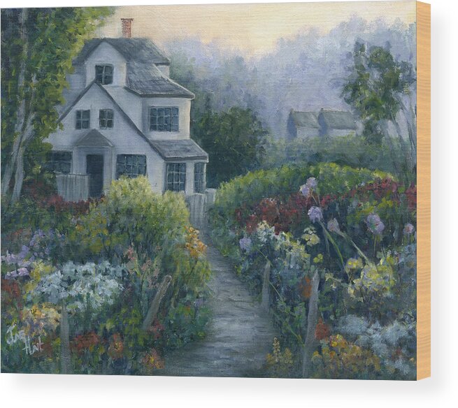 Landscape Wood Print featuring the painting Morning in a Maine Garden by June Hunt