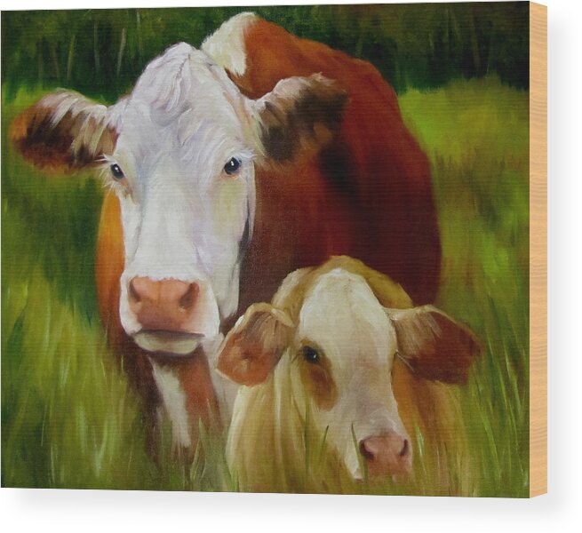 Hereford Cow Wood Print featuring the painting Mother Cow and Baby Calf by Cheri Wollenberg
