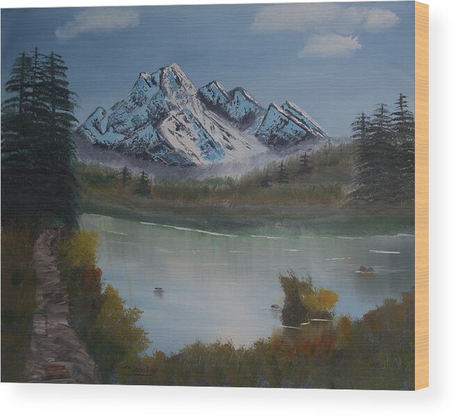 Landscape Wood Print featuring the painting Mountain and River by Ian Donley