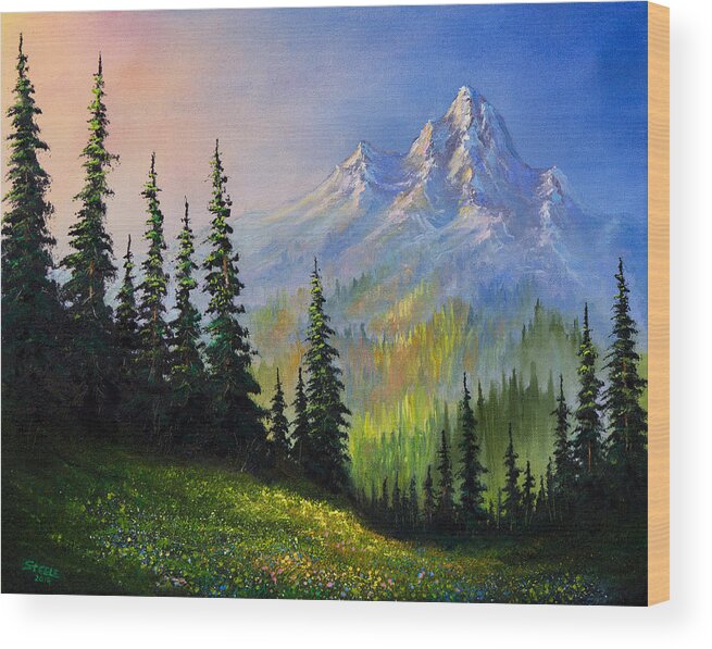 Morning Wood Print featuring the painting Mountain Morning by Chris Steele