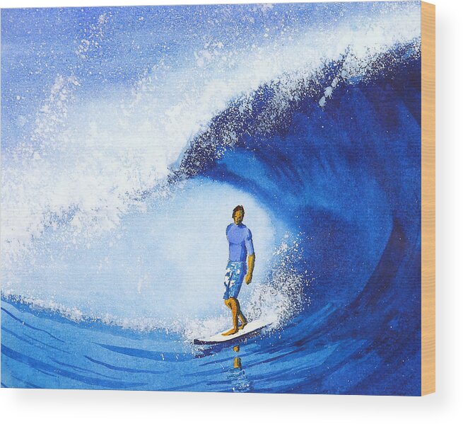 Surf Wood Print featuring the painting Surfer Blue by Nelson Ruger