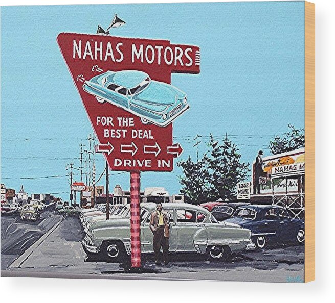 Sacramento Wood Print featuring the painting Nahas Motors by Paul Guyer
