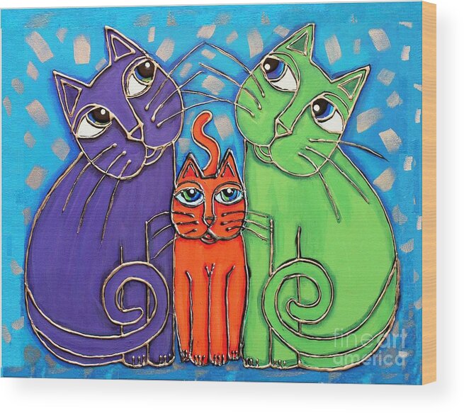 Neon Wood Print featuring the painting Neon Cat Trio #1 by Cynthia Snyder