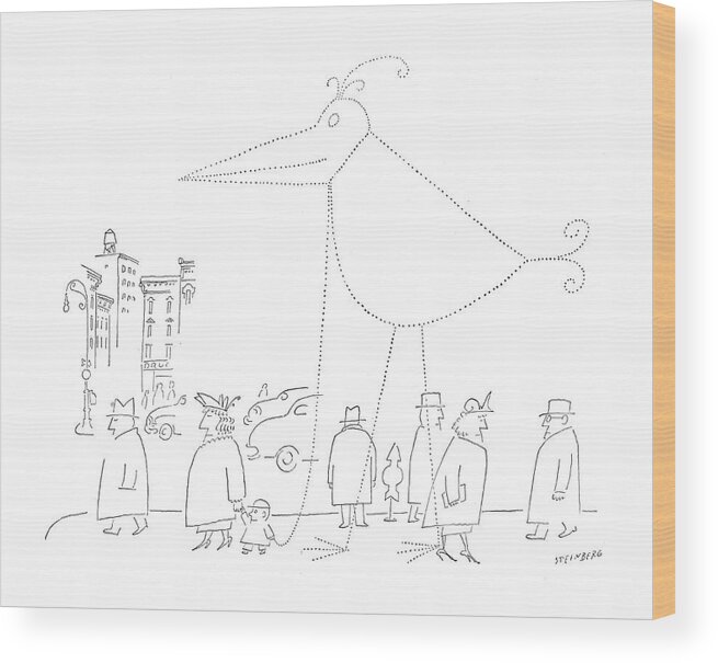 Saul Steinberg 115384 Steinbergattny   (little Boy Walks A Large Imaginary Bird.) Animal Animals Believe Bird Birds Boy Boys Childhood Children Friend Imaginary Imagination Kid Kids Large Little Make Mother Parent Walk Walking Pretend Walks Youth Street Sidewalk Urban Wood Print featuring the drawing New Yorker April 16th, 1955 by Saul Steinberg